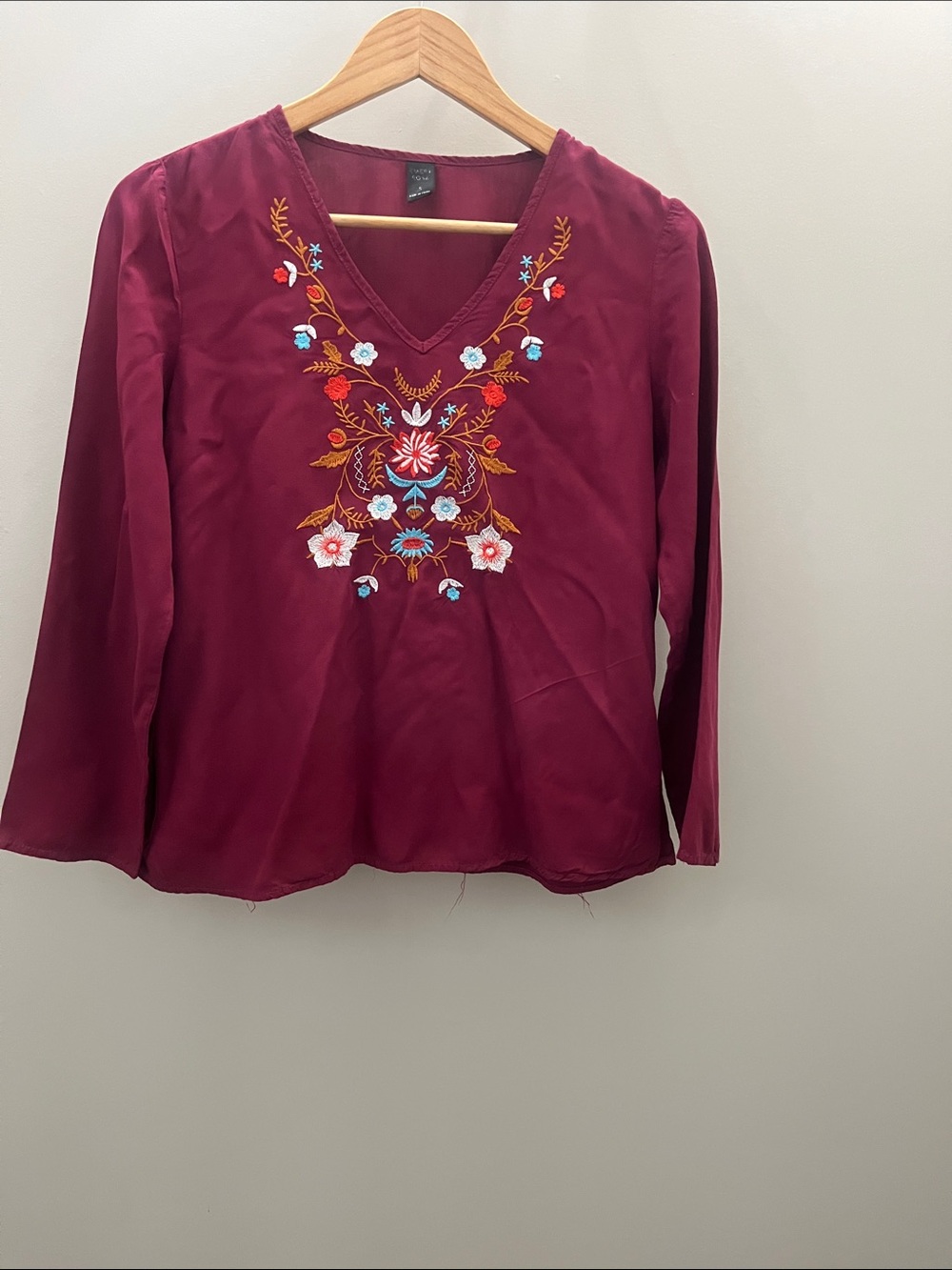 Embroidered V-Neck Long Sleeve Women's Top -S